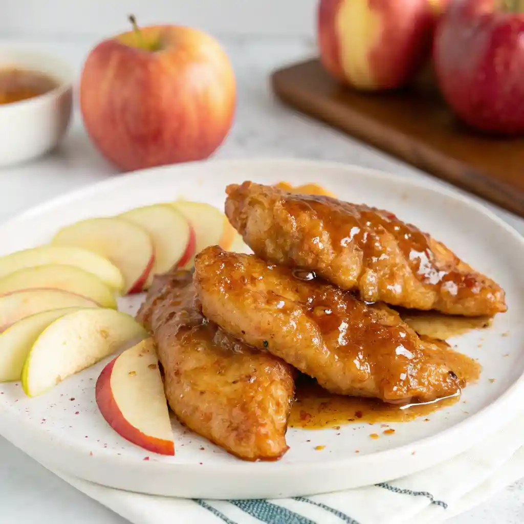 Glazed Apple and Honey Chicken Tenders on a white plate with apple slices.