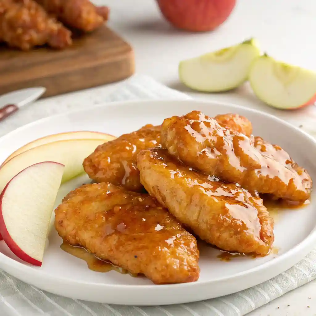 Golden-brown Apple and Honey-Glazed Chicken Tenders on a white plate with a glossy glaze and apple slices.