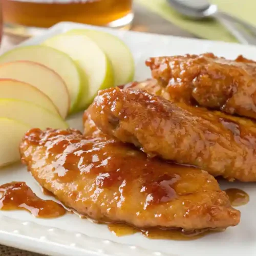 Close-up of golden-brown Apple and Honey-Glazed Chicken Tenders on a white plate with a shiny glaze and apple slices.