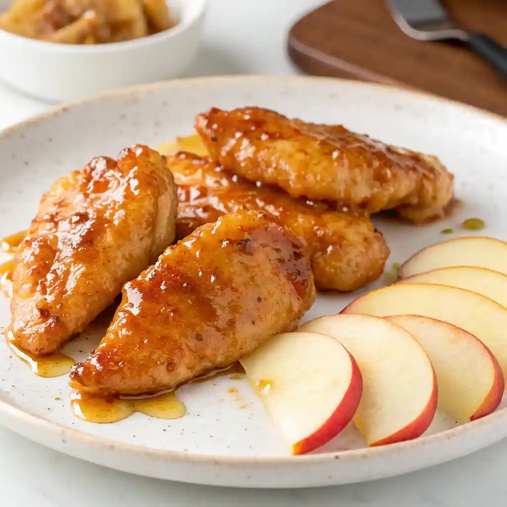 Apple and Honey-Glazed Chicken Tenders on a white plate with apple slices.