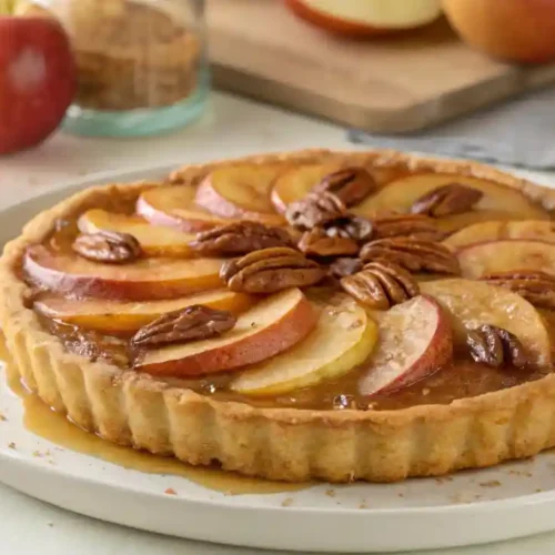 A round Apple and Pecan Danish Pastry Tart with a golden, flaky crust, spiced apple filling, and pecans, topped with caramel glaze.