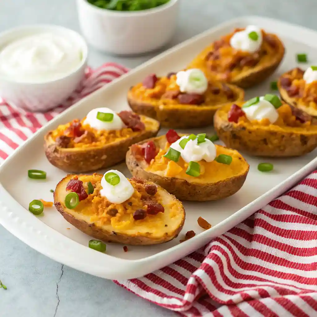 Close-up of eight crispy baked potato skins on a white plate topped with cheddar cheese, bacon, sour cream, and green onions.