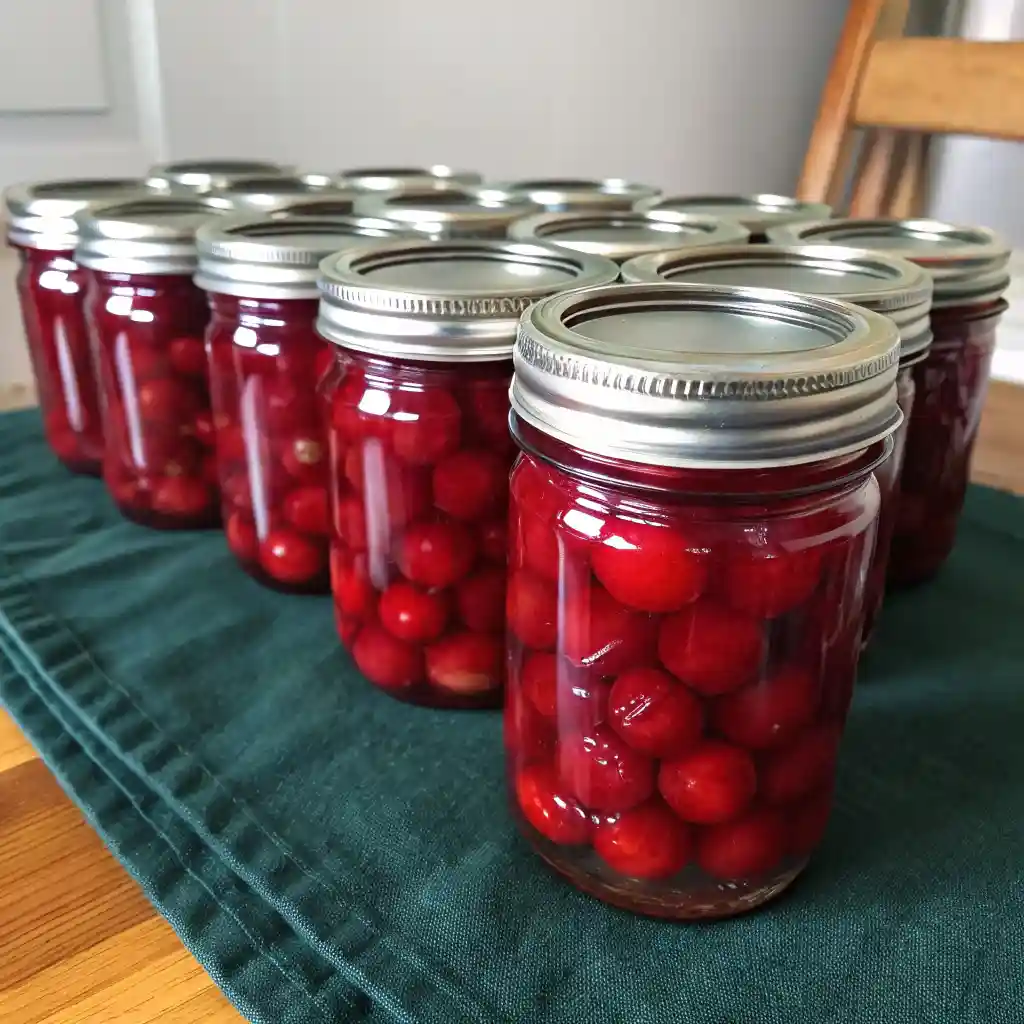 Glass mason jars filled with whole red canned cherries in syrup, sealed with silver lids and arranged on a dark green towel.