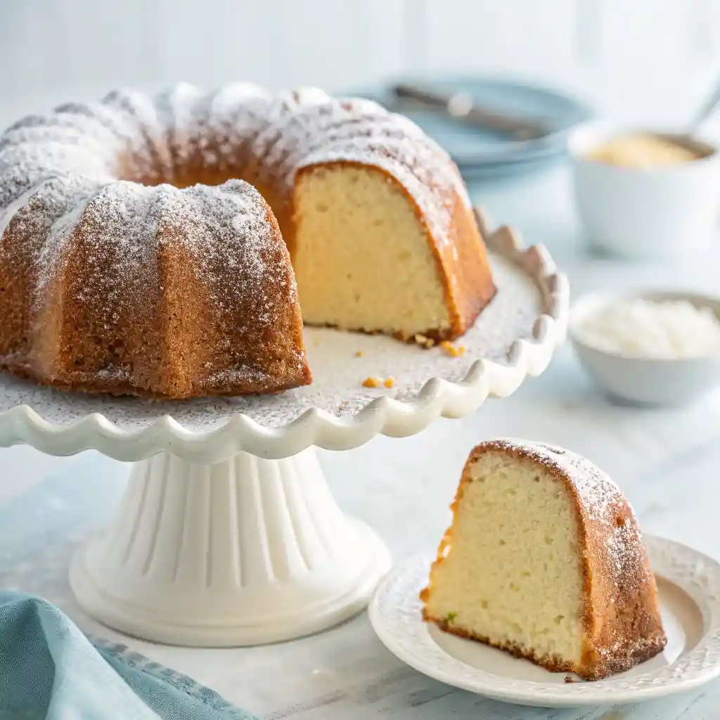 Cream cheese pound cake in a bundt shape on a white cake stand, topped with powdered sugar, with one slice pulled out to reveal the dense interior.