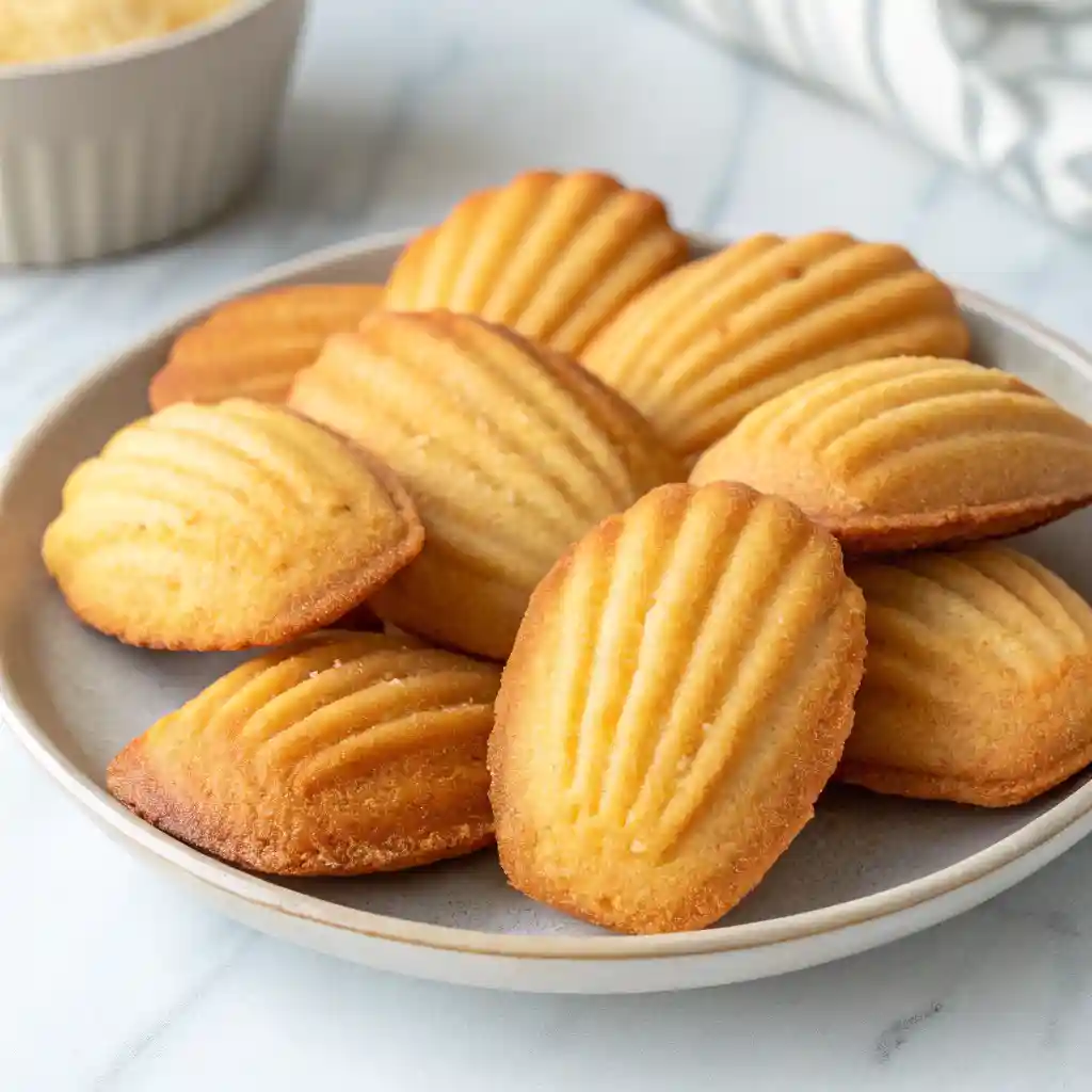 Freshly baked Madeleine Cookies arranged on a cooling rack with a soft golden crust and signature shell shape.