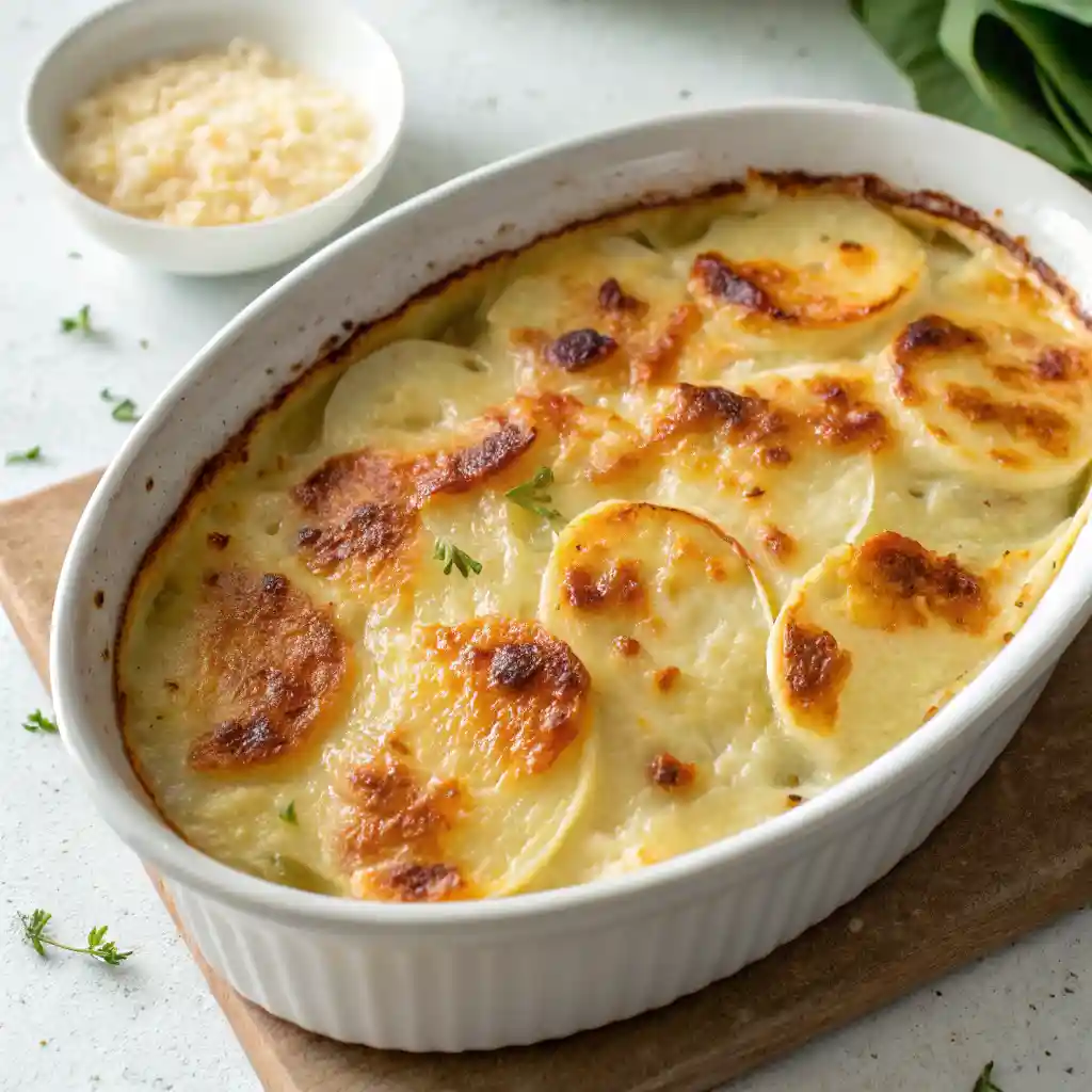 Overhead close-up of golden, bubbly scalloped potatoes with crisp top and creamy layers in a white oval casserole.