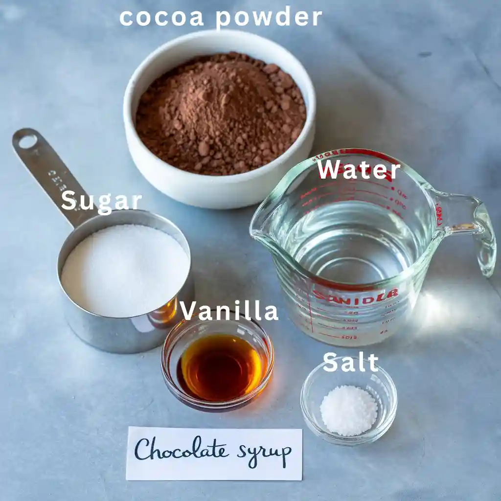 Overhead flat lay of labeled ingredients for homemade chocolate syrup on a gray surface.