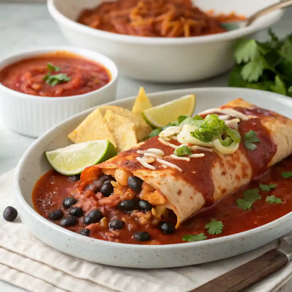 Boulder-Style Enchiladas with chicken, black beans, cheese, and red sauce.