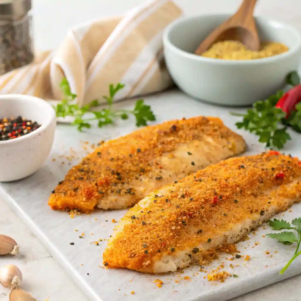 Fish fillets covered in a crispy, golden fish fry seasoning blend with spices and herbs.
