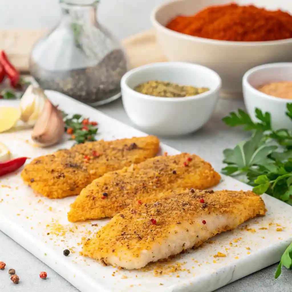 fish fillets coated in vibrant fish fry seasoning, highlighting the spices and textures.