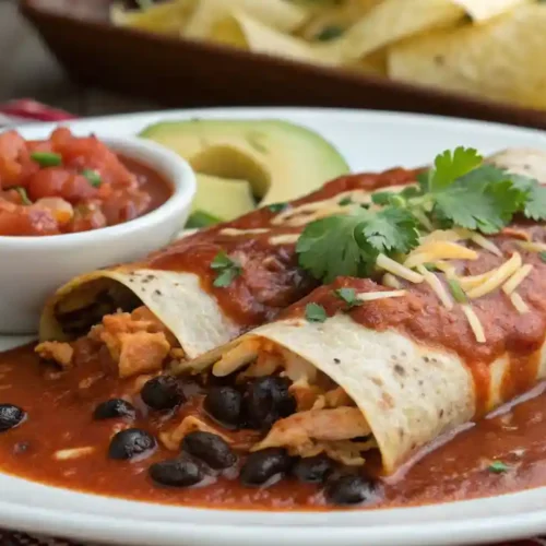 Boulder-Style Enchiladas with grilled chicken, black beans, cheese, and red enchilada sauce, garnished with fresh cilantro and served with salsa and lime wedges.