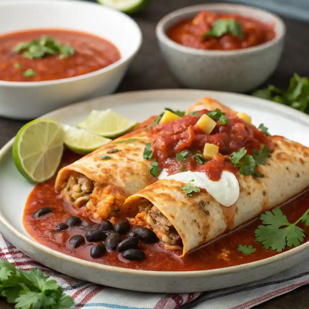 Boulder-Style Enchiladas with chicken, black beans, cheese, red sauce, and cilantro.