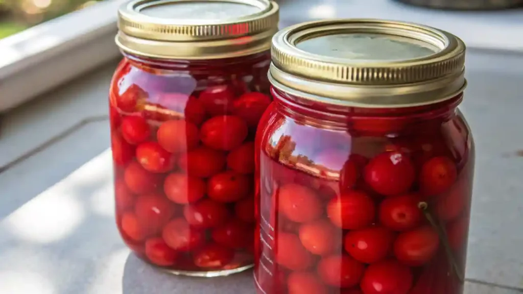 Homemade canned cherries preserved in mason jars filled with vibrant red fruit and syrup, neatly arranged on a kitchen surface.