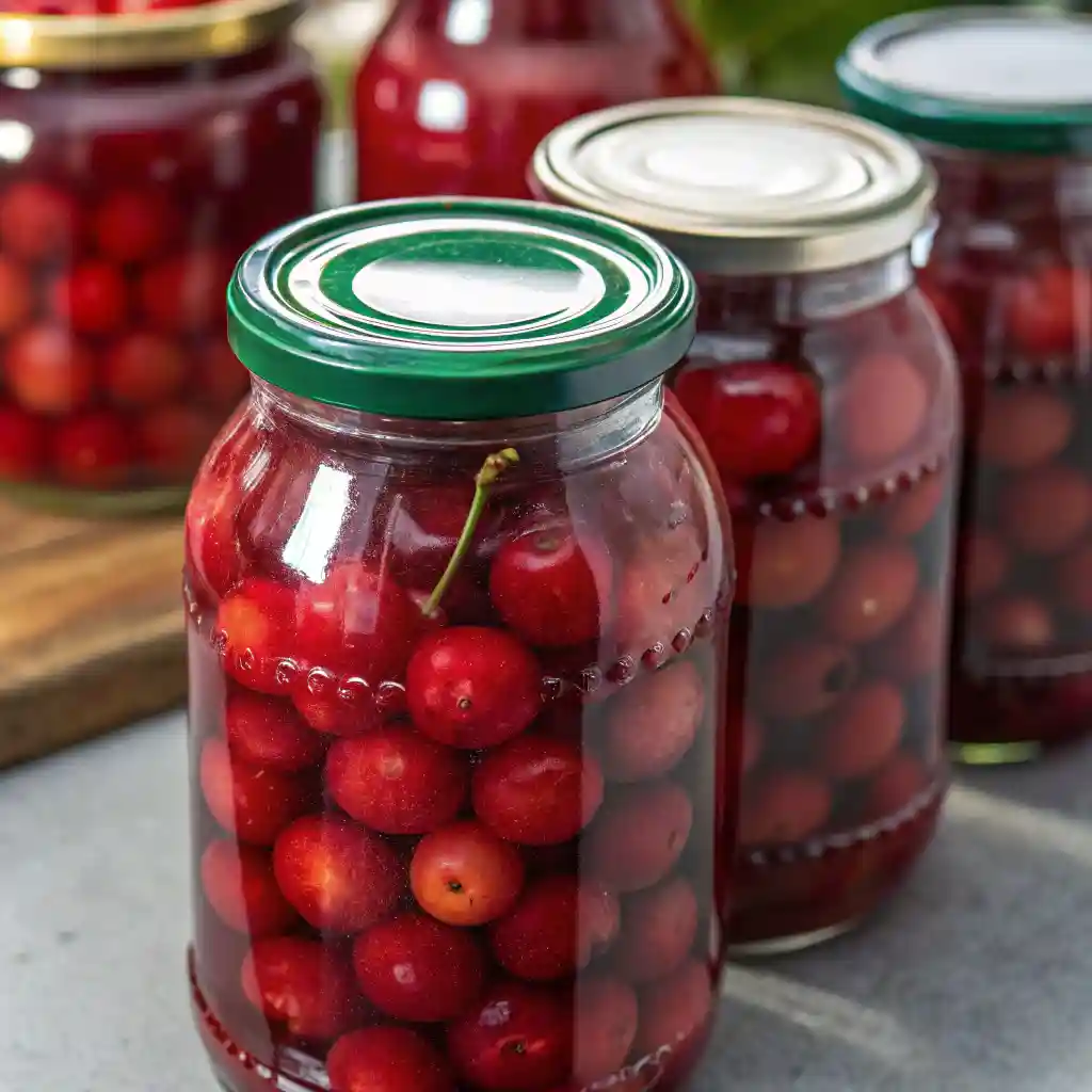 Close-up of glass jars filled with whole red cherries in syrup, each sealed with a different colored lid and showing reflections on the glass.