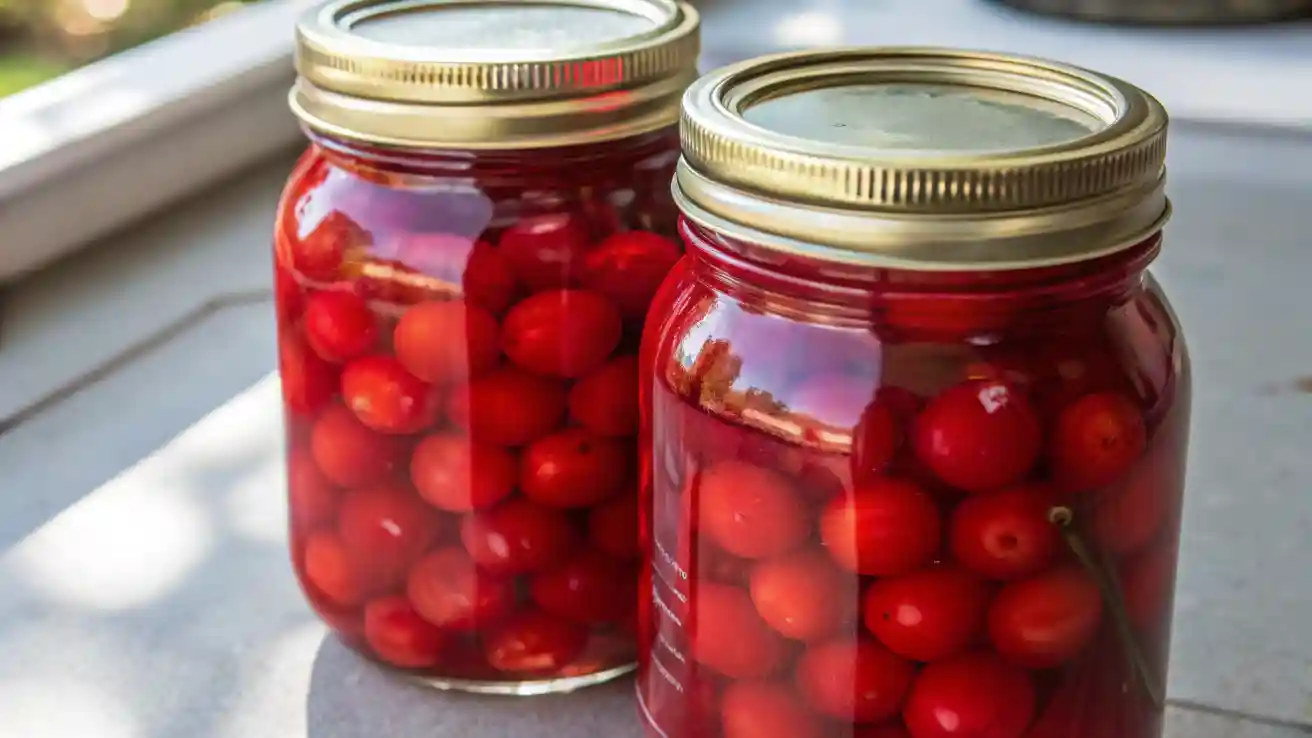 Homemade canned cherries preserved in mason jars filled with vibrant red fruit and syrup, neatly arranged on a kitchen surface.