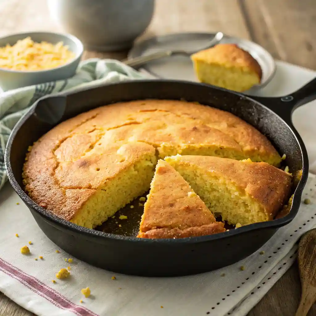 A cast-iron skillet with a slice of Southern cornbread, golden brown and crumbly, resting on a stone surface.