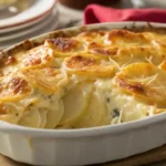 cheesy scalloped potatoes in a white oval dish with a portion scooped out, showing gooey layers and melted cheese.