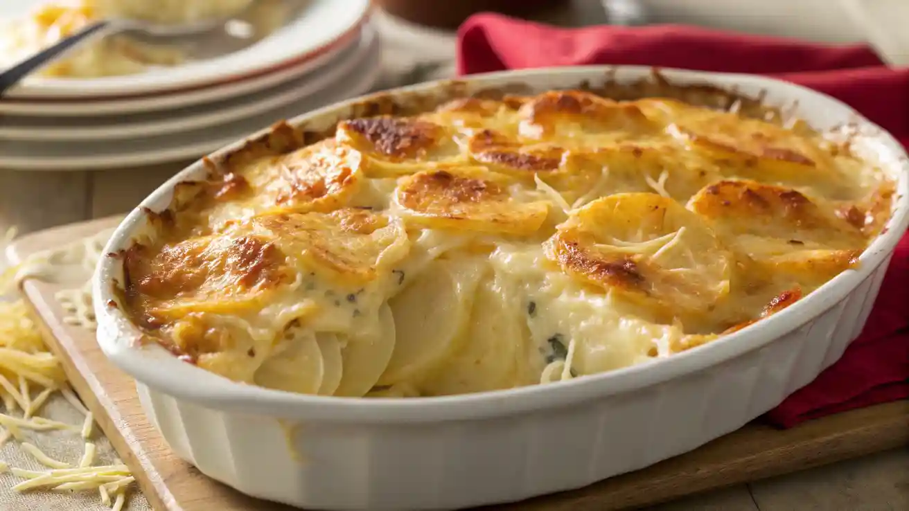 cheesy scalloped potatoes in a white oval dish with a portion scooped out, showing gooey layers and melted cheese.