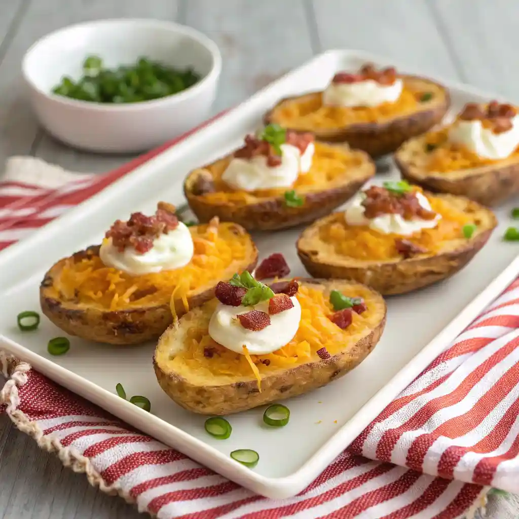 crispy baked potato skins topped with cheddar, bacon, sour cream, and green onions on a white plate.