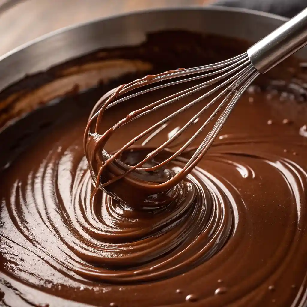 glossy homemade chocolate syrup being whisked, showing rich swirls and shine.