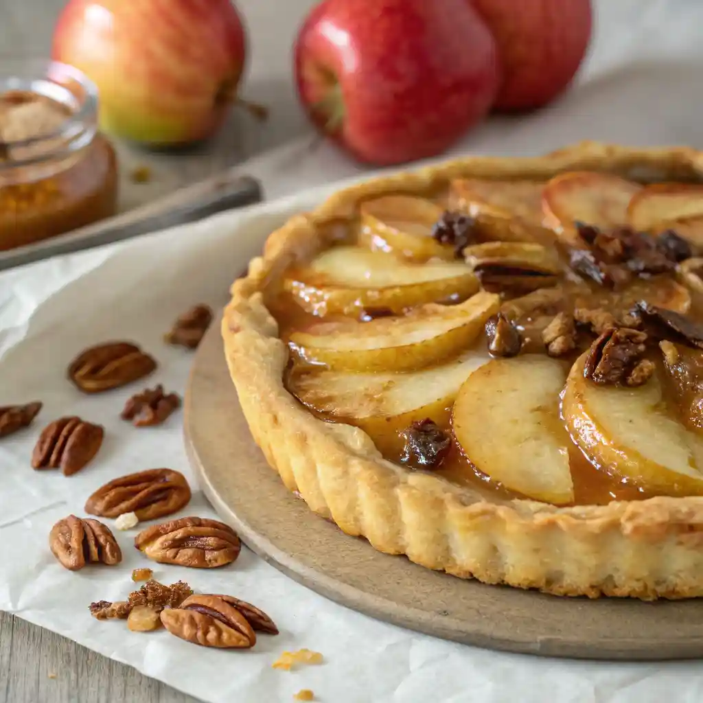 A golden Apple and Pecan Danish Pastry Tart filled with spiced apples, pecans, and topped with a caramel glaze, sitting on a rustic wooden table.