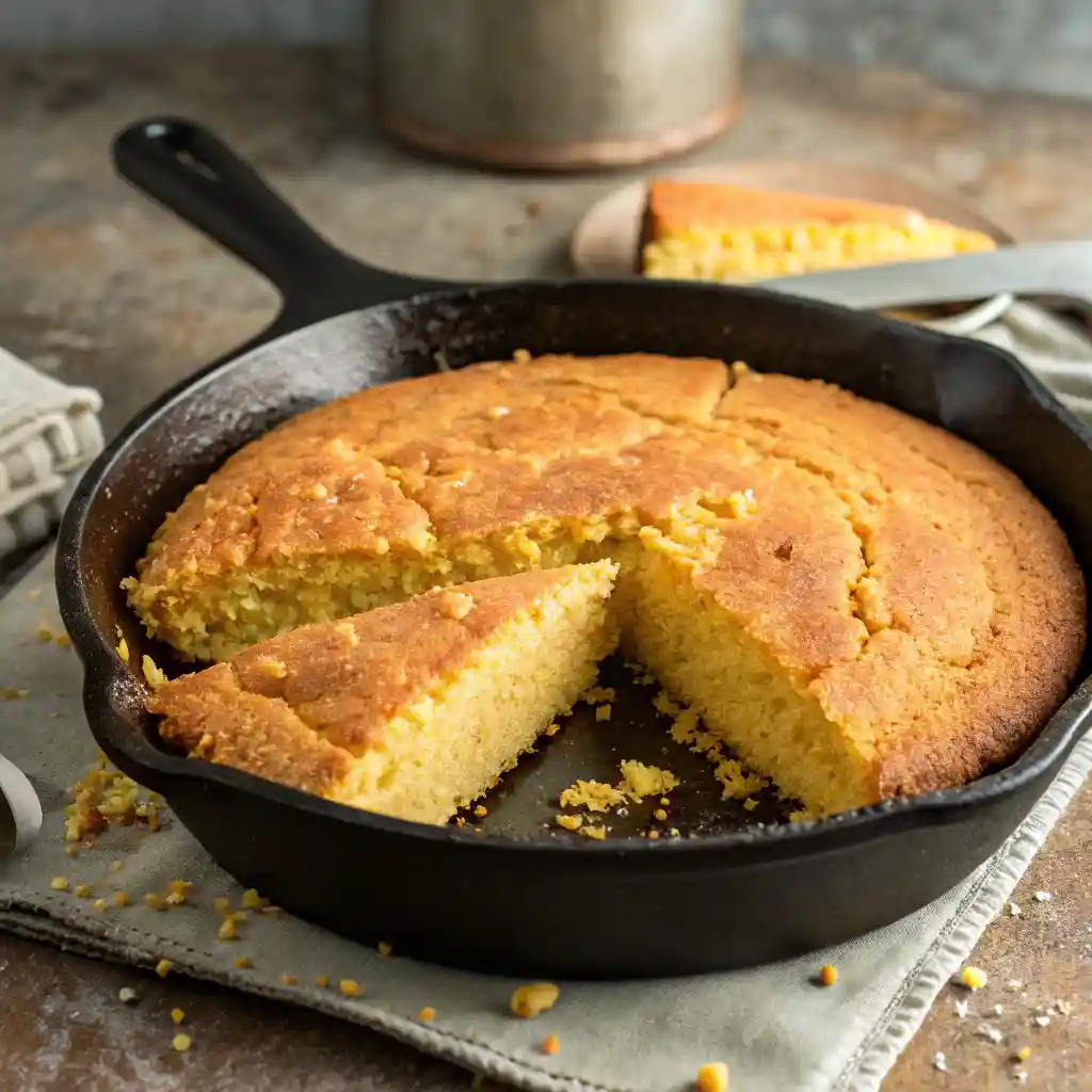 A cast-iron skillet with golden brown Southern cornbread, a slice removed showing its crumbly, moist interior, set on a stone surface.