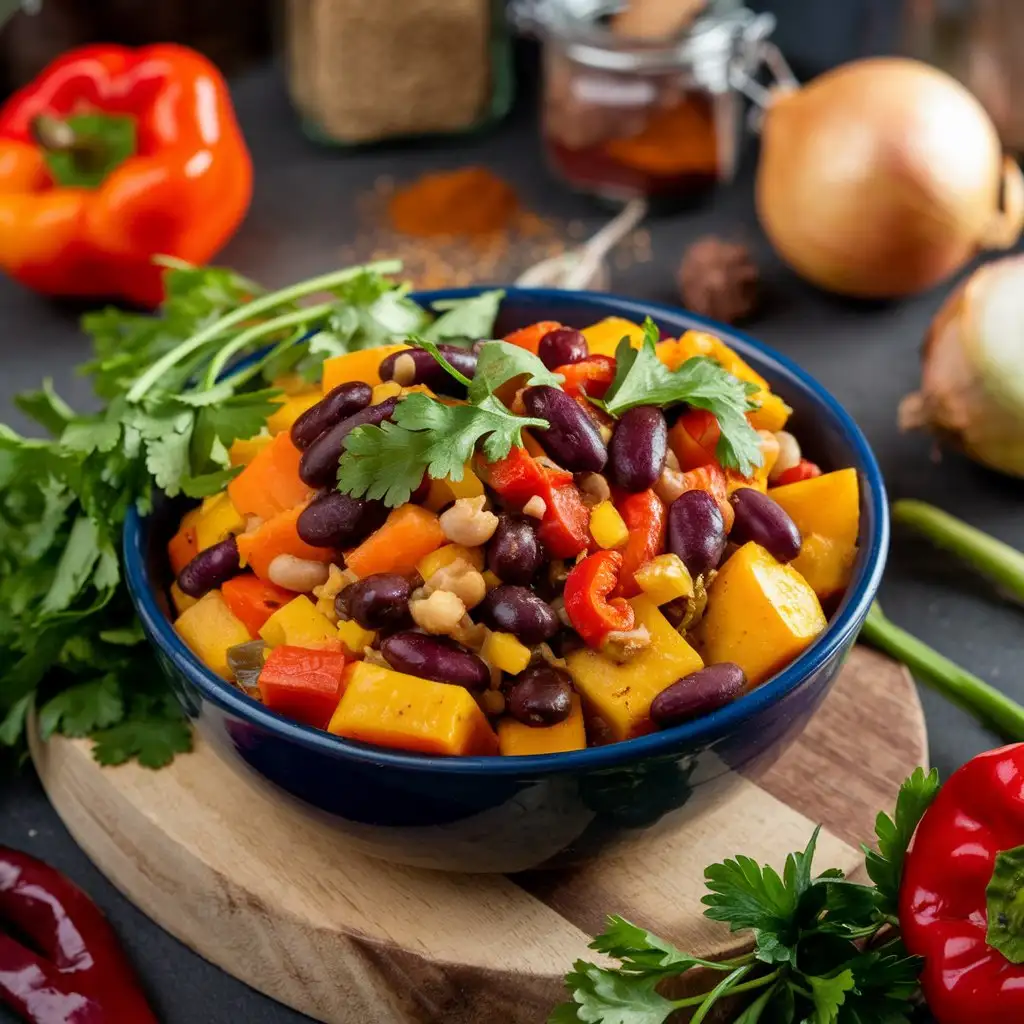 Squash and Kidney Beans Recipe in a colorful bowl with vibrant vegetables, fresh herbs, and spices on a rustic wooden board.