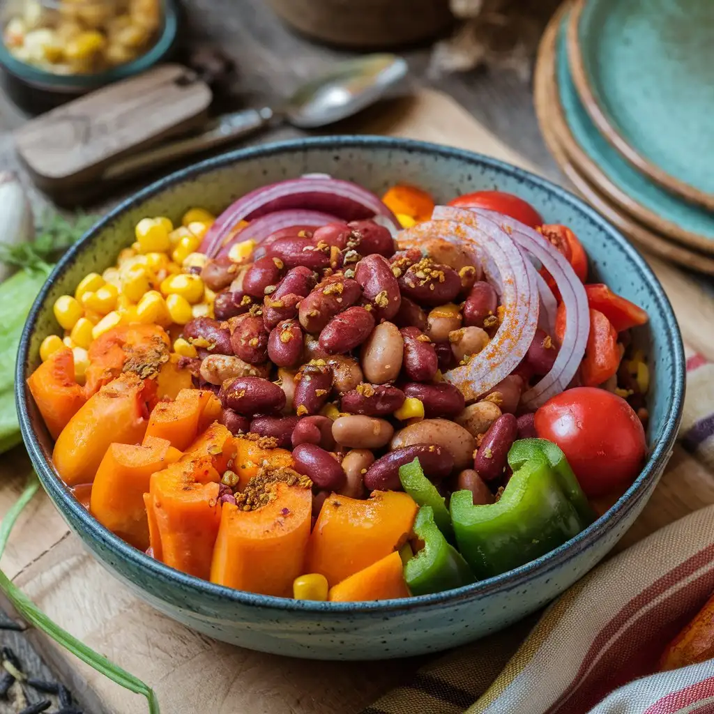 Squash and Kidney Beans Recipe in a colorful bowl with orange squash, red kidney beans, green bell peppers, yellow corn, red onions, and red tomatoes, topped with cumin and paprika.