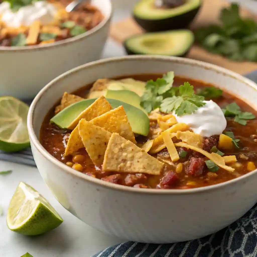 Steaming Traditional Taco Soup topped with sour cream, cheese, avocado, cilantro, served with tortilla chips and lime wedges on a rustic table.