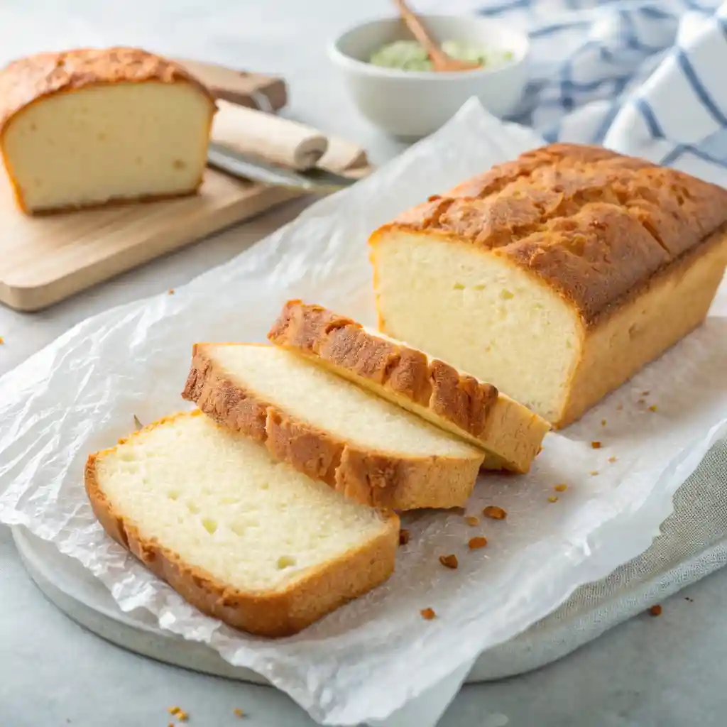 Three slices of golden-brown cottage cheese bread on white parchment paper with a fluffy interior.