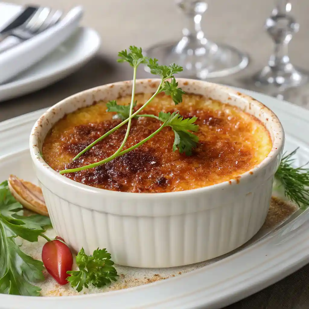 Elegant Crab Brulee in a ramekin with a golden caramelized brown sugar crust, garnished with fresh parsley and chives on a stylish table.