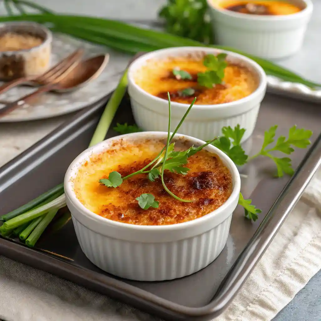 Crab Brulee served in small ramekins, topped with a golden caramelized sugar crust and garnished with fresh herbs, placed on a stylish table.