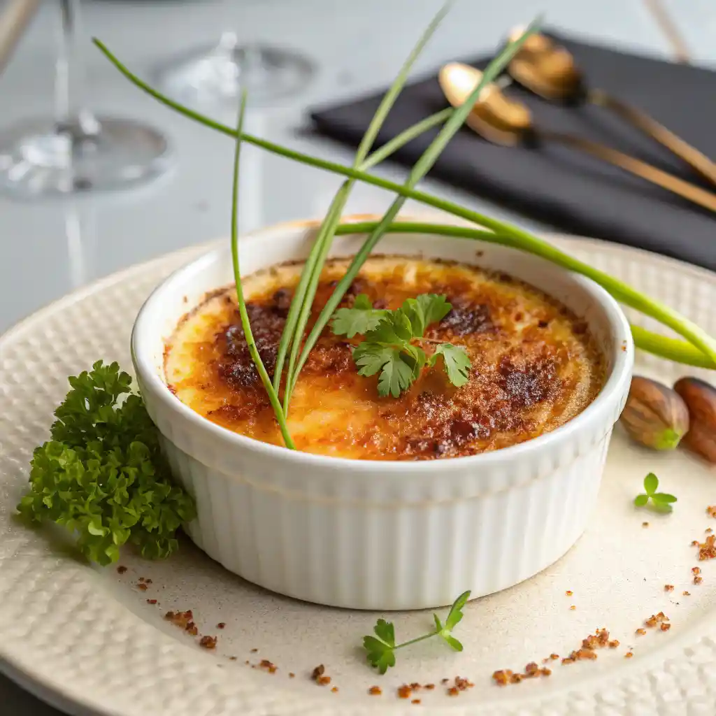 Close-up of Crab Brulee in a ramekin with a golden caramelized sugar topping and fresh parsley garnish, served on a stylish dining table.