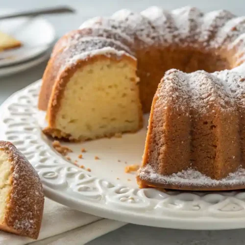 a golden-brown cream cheese pound cake in a bundt shape with powdered sugar and a missing slice showing the moist interior on a white plate.