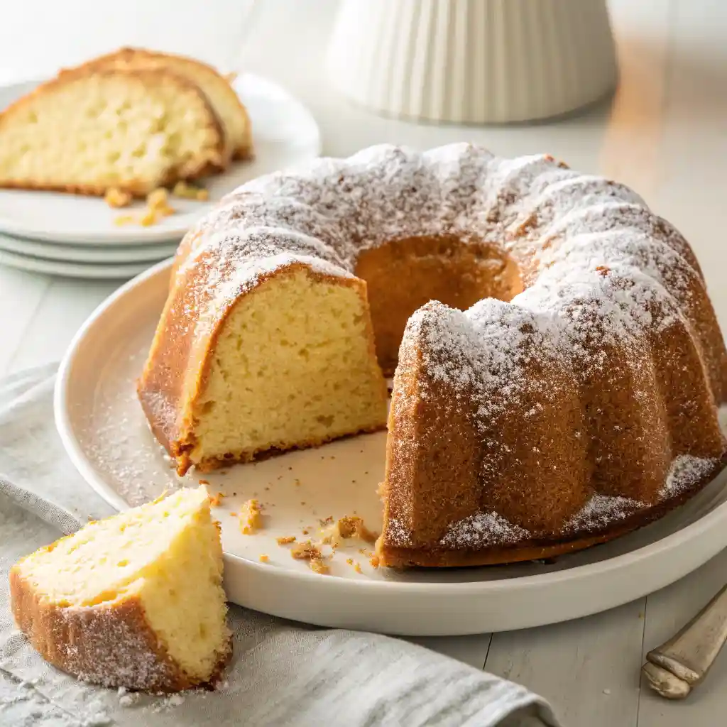 Classic cream cheese pound cake with a golden crust and powdered sugar topping, one slice removed to reveal the moist interior, on a white plate.