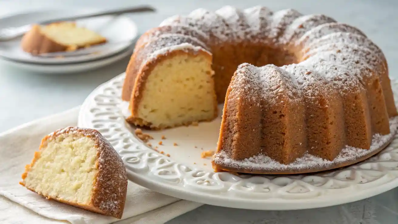 a golden-brown cream cheese pound cake in a bundt shape with powdered sugar and a missing slice showing the moist interior on a white plate.
