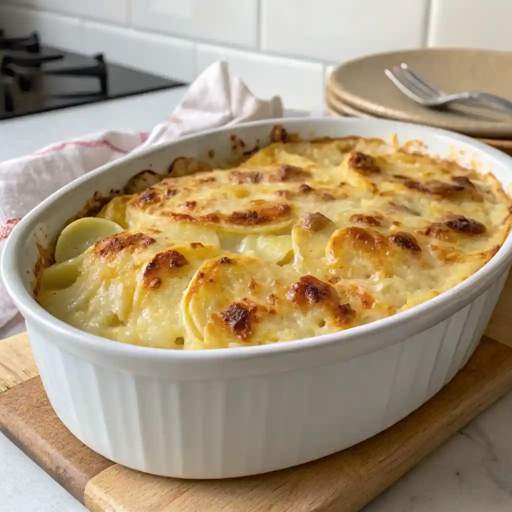 Golden scalloped potatoes in a white oval casserole with a browned, bubbly top and creamy layers beneath.