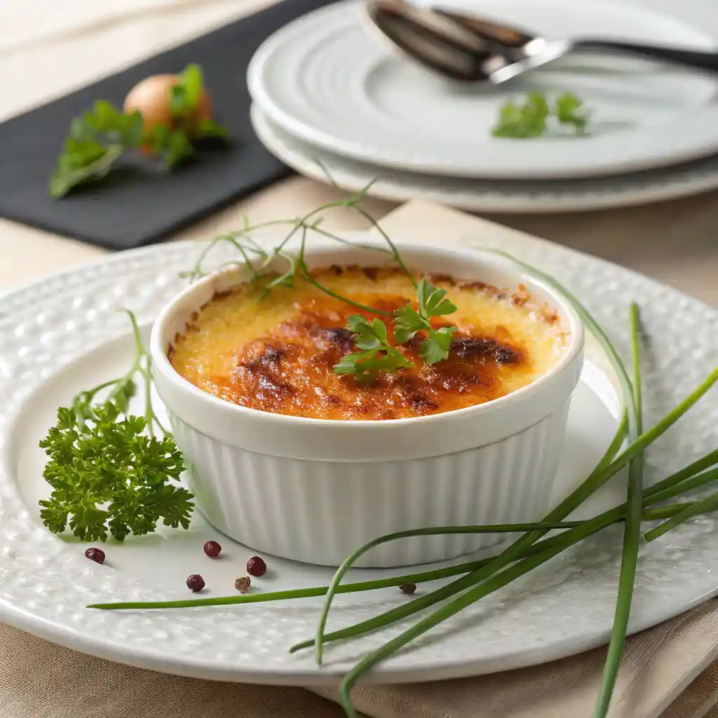 Crab Brulee served in a ramekin with a crispy caramelized sugar topping, garnished with parsley, on an elegant dining table.
