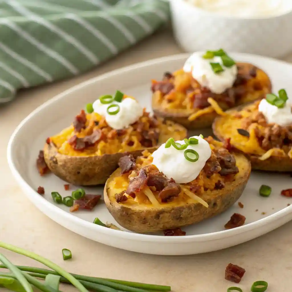 a white plate overflowing with crispy baked potato skins topped with cheddar cheese, turkey bacon, sour cream, and green onions.