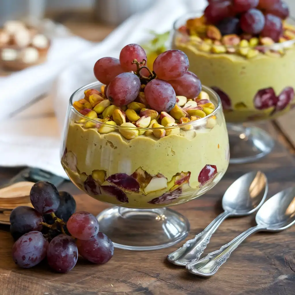 Pistachio pudding recipe with grapes in a clear bowl topped with whole pistachios and red grapes.