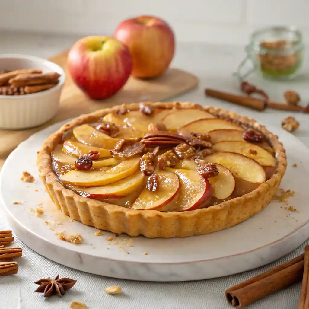 A beautifully baked Apple and Pecan Danish Pastry Tart with a golden crust, filled with spiced apples, pecans, and topped with caramel glaze.