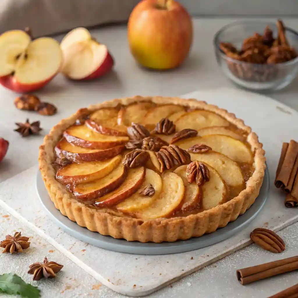A delicious Apple and Pecan Danish Pastry Tart with a flaky crust, spiced apple filling, and crunchy pecans, topped with caramel glaze.