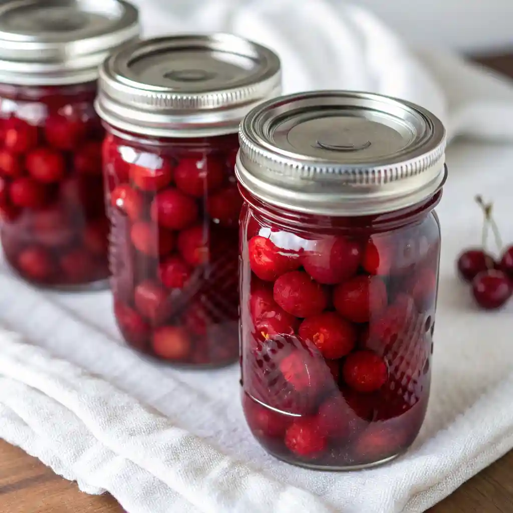 mason jars filled with canned cherries in syrup, arranged on a white towel after canning.