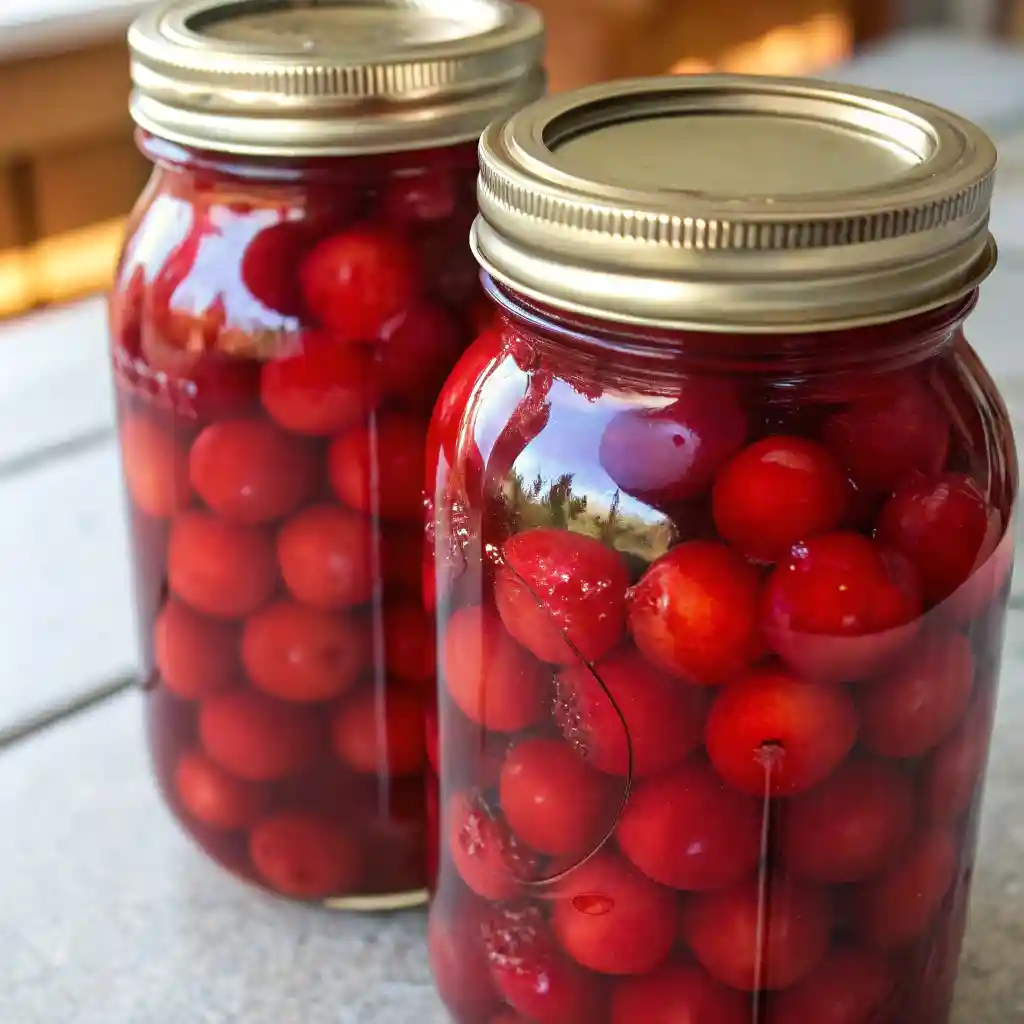Glass mason jars filled with canned cherries in syrup, showcasing their deep red color and glossy texture on a kitchen towel.