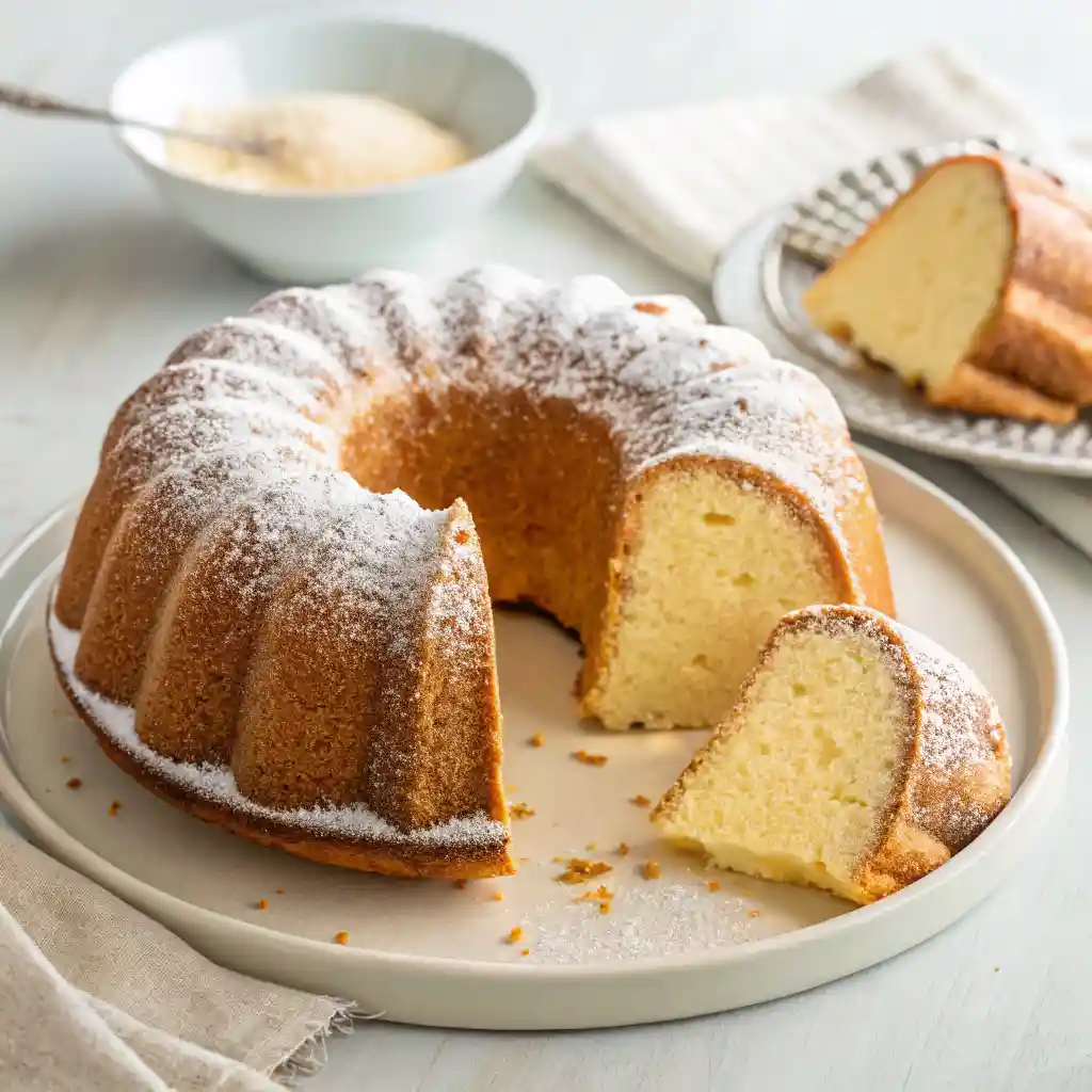 Golden-brown cream cheese pound cake in a bundt shape with powdered sugar on top, one slice missing to reveal the moist interior, on a white plate.