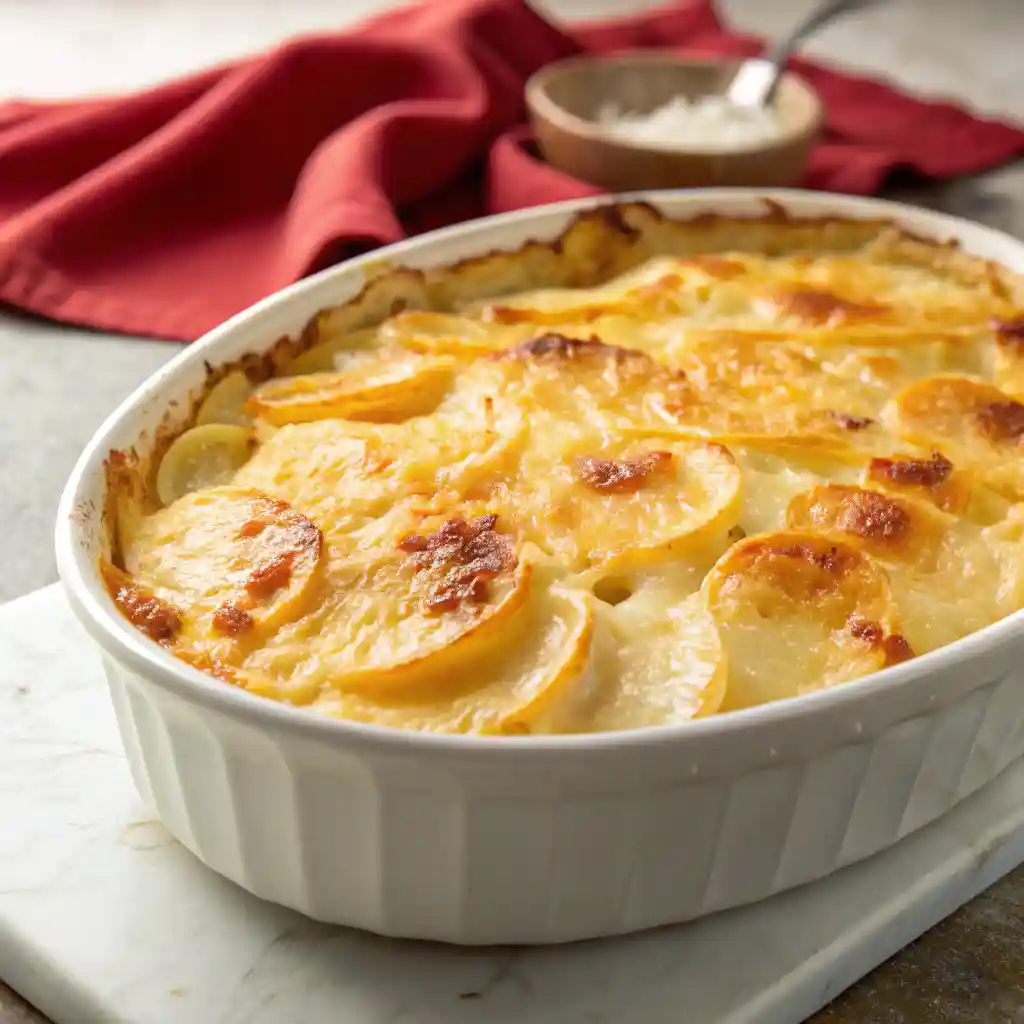 Golden scalloped potatoes baked in a white oval dish with crisp edges and creamy cheese layers.