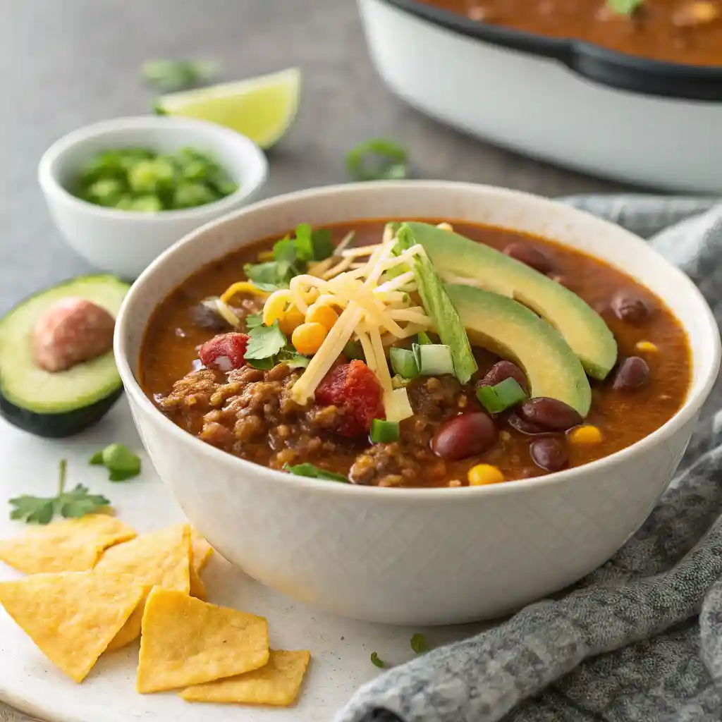 Traditional Taco Soup in a bowl with vibrant toppings including sour cream, cheese, cilantro, avocado, tortilla chips, and lime wedges.