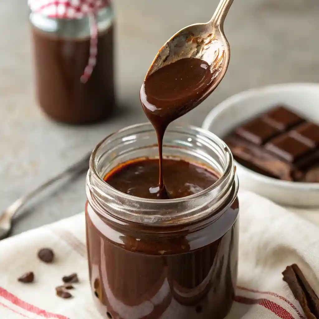 Homemade chocolate syrup drizzling smoothly from a spoon into a clear swing-top jar on a white countertop.
