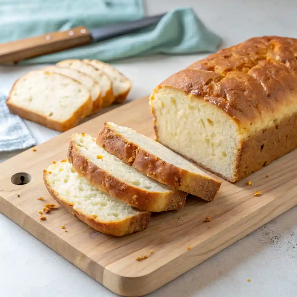 Golden-brown loaf of cottage cheese bread with sliced pieces on a light cutting board.