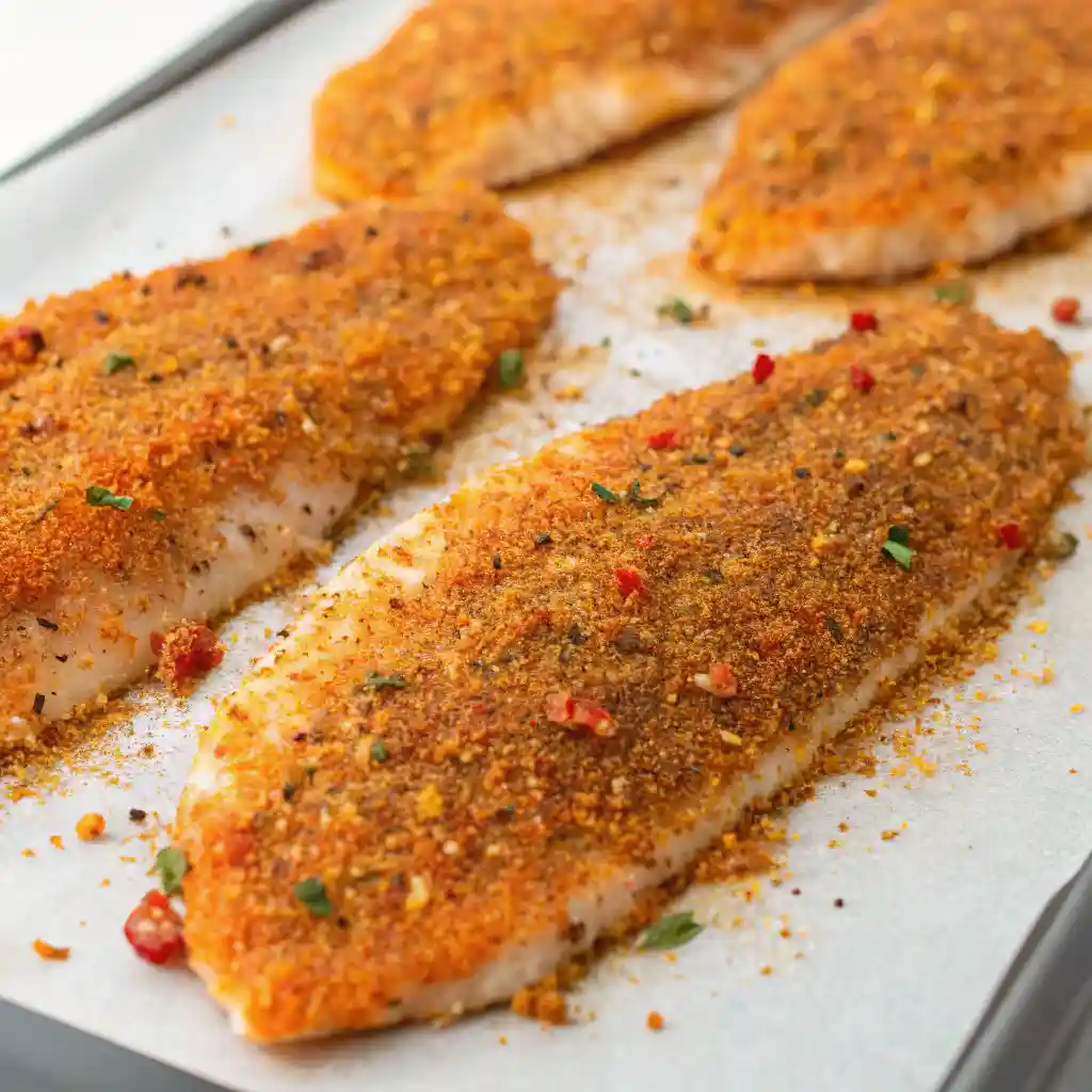 Close-up of fish fillets coated in a crispy, golden fish fry seasoning blend.